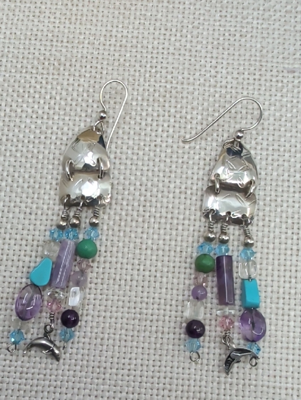 Signed Sterling Silver Dolphin Artisan Chandelier Earrings FL Keys 1990s - Picture 5 of 17